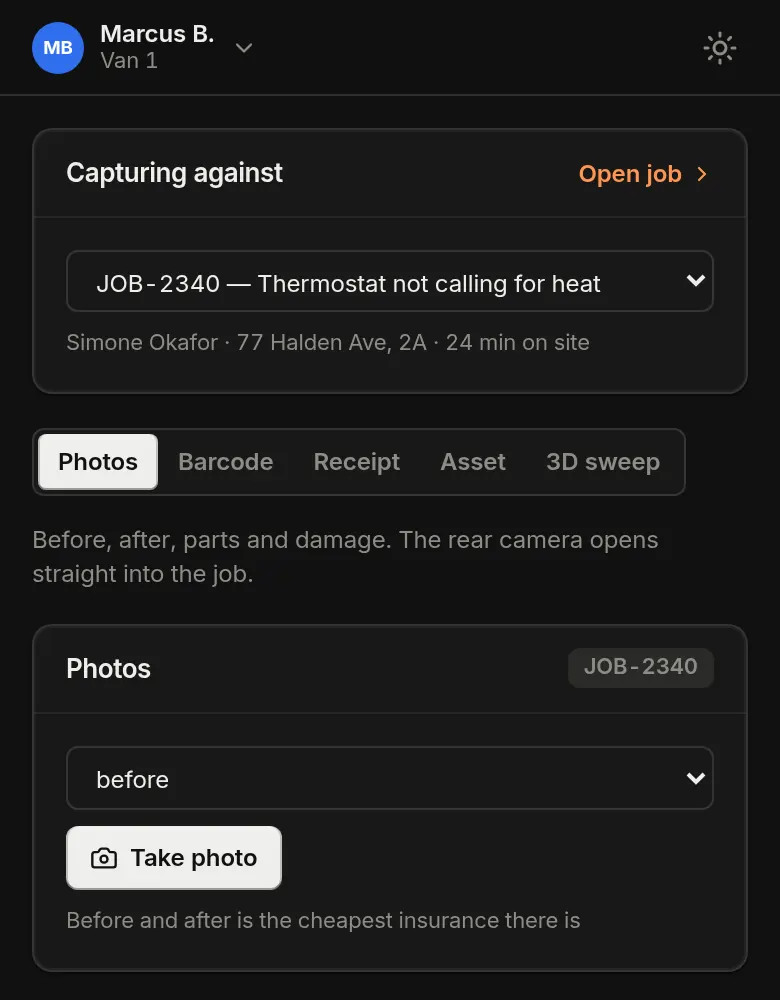 The capture screen on the technician phone, with the before photo still to be taken.