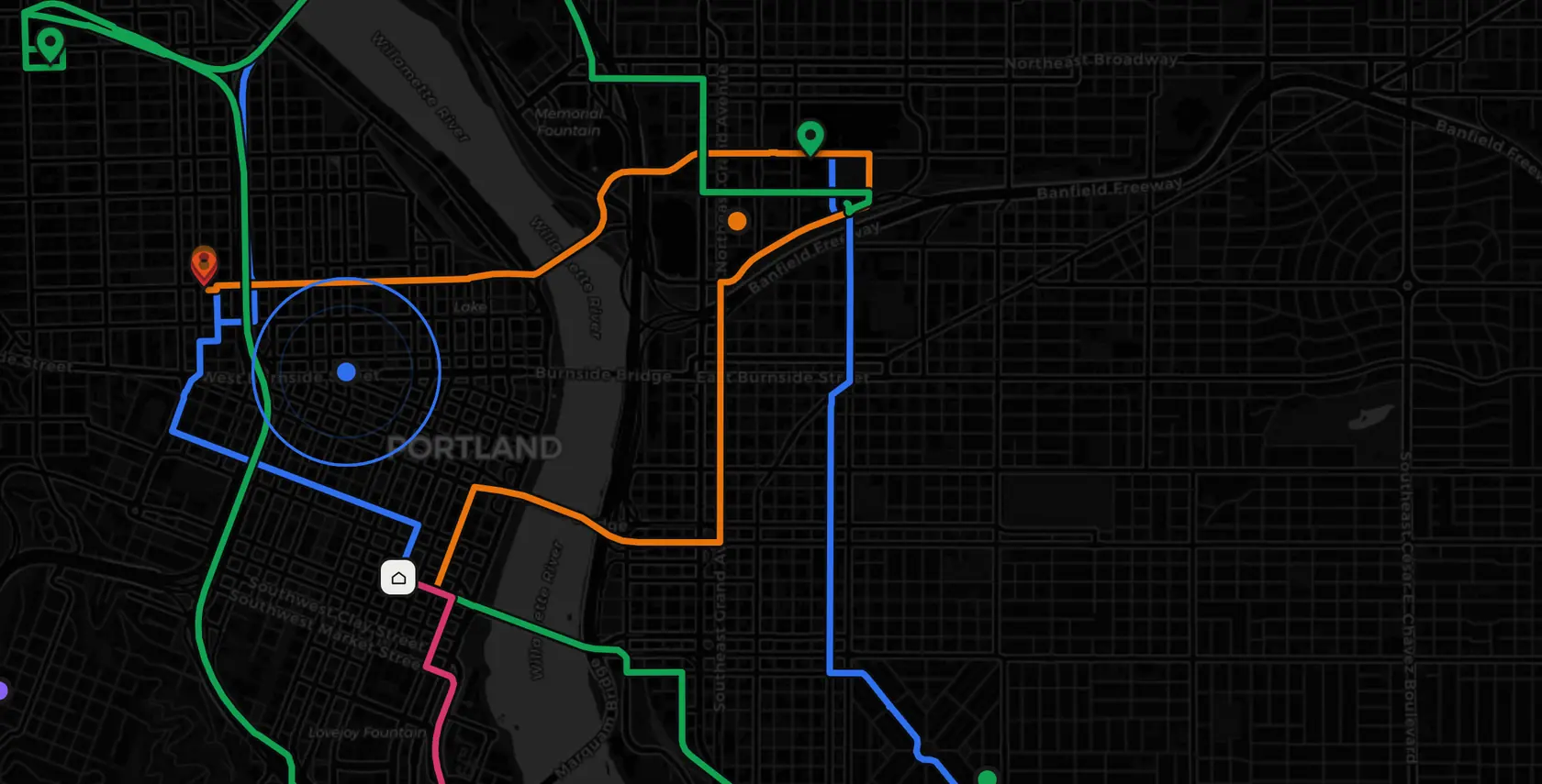 Five routes drawn across Portland with every open stop pinned.