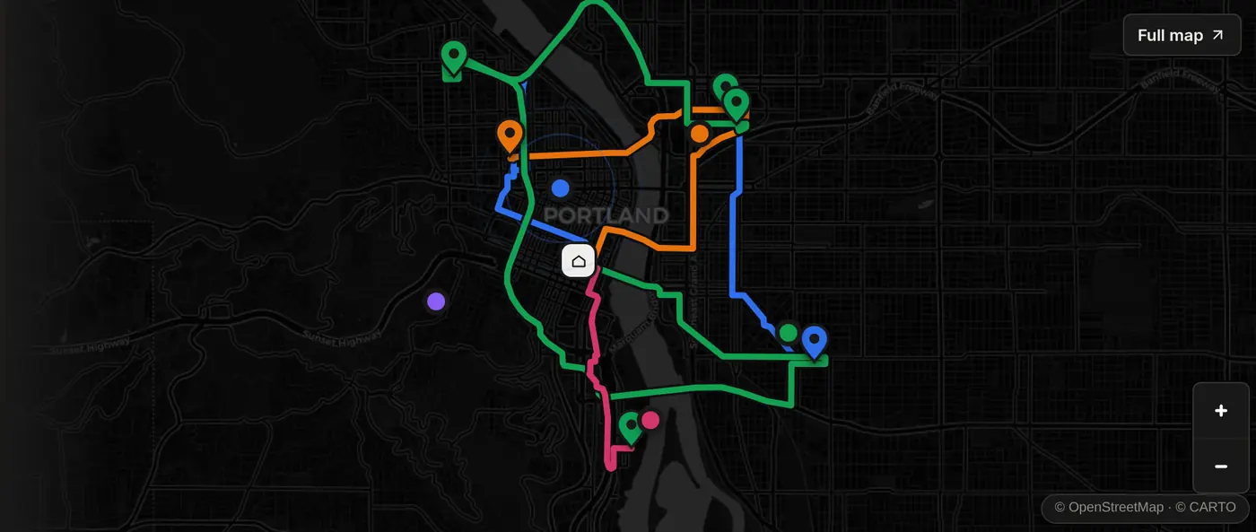 The route canvas on the dispatcher dashboard, every van's day drawn at once.