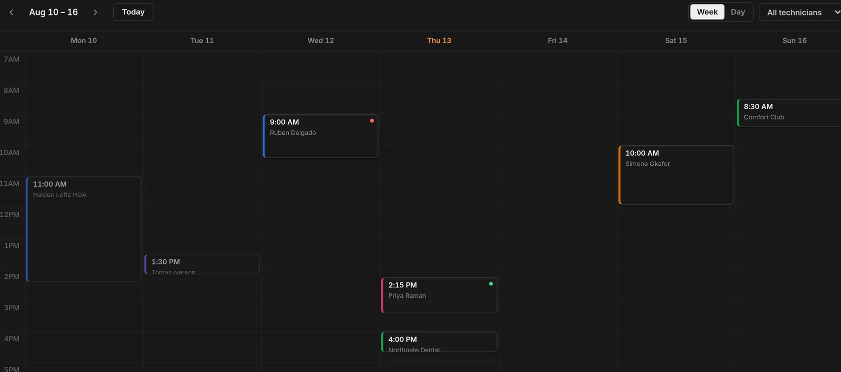The schedule week grid with every booked job in its slot.