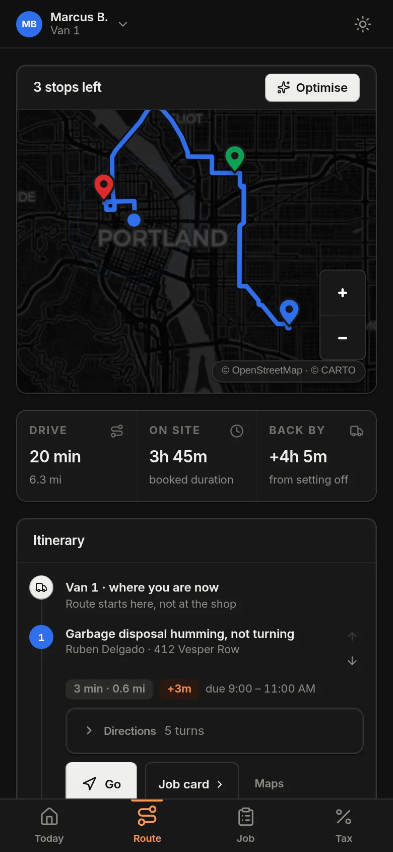 The technician phone showing the day's route and the stop list.
